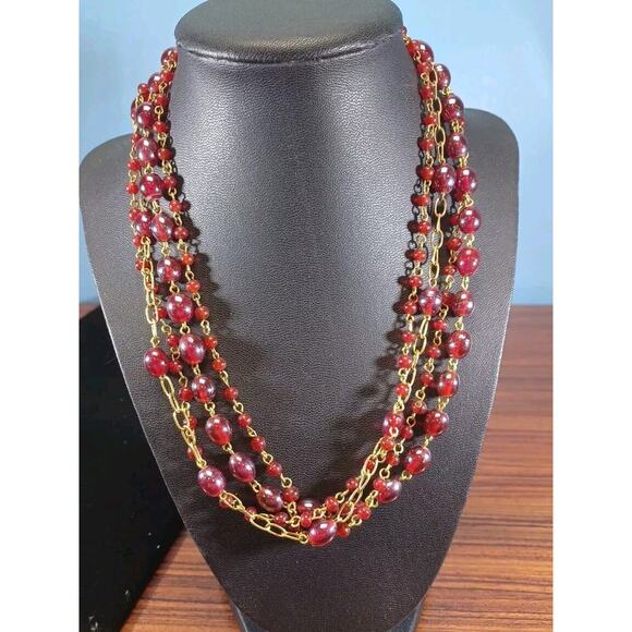 Red Glass Bead Necklace Goldentone 4 Strand Beautiful Costume India Glamorous - Picture 2 of 4